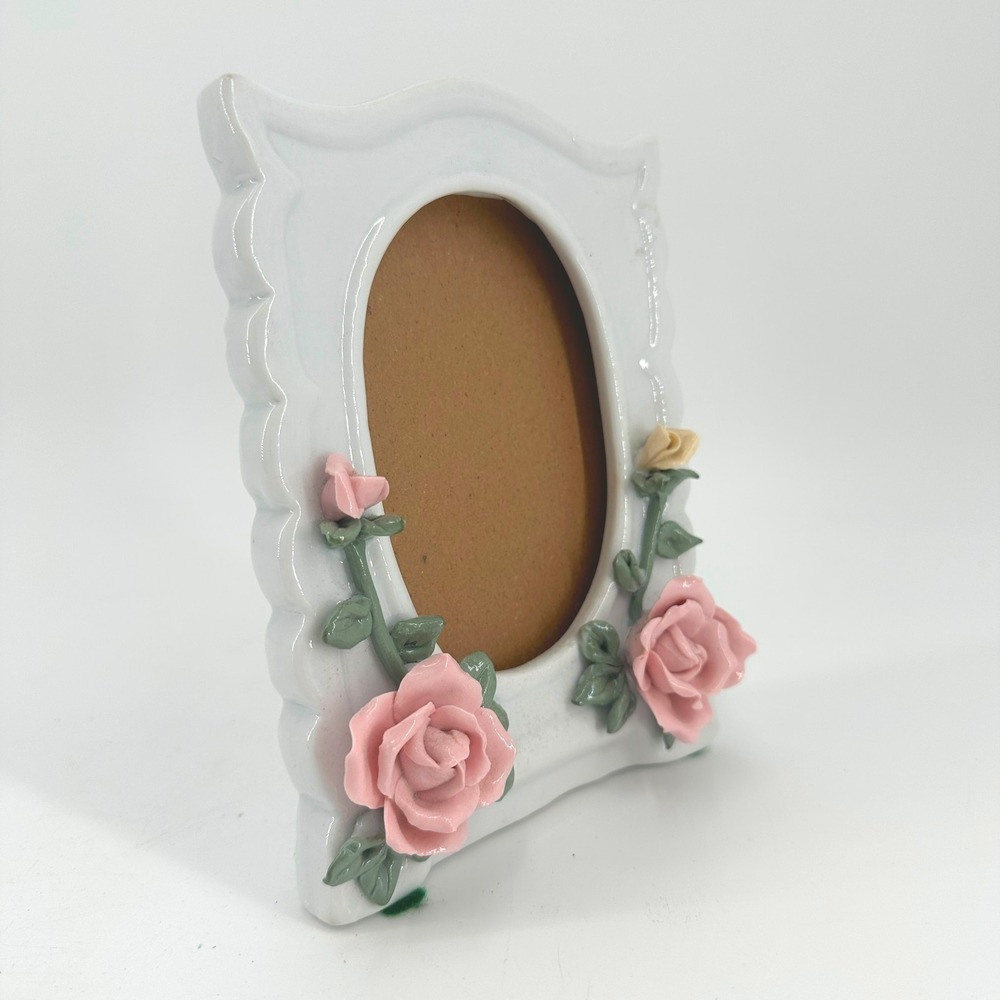 Vintage‎ White Ceramic 3x5 or 4x6 Photo Frame with Pink Roses - Cottagecore